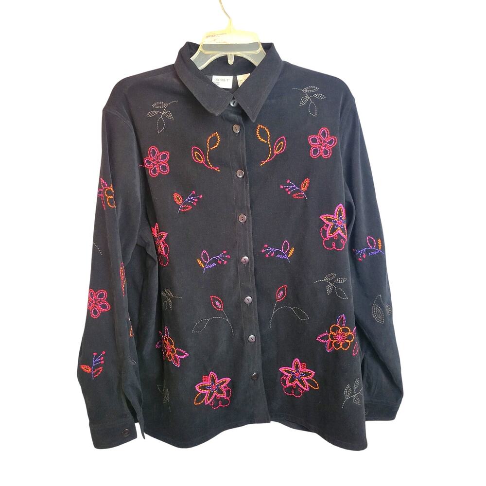 Koret Black Embroidered Velvet Long Sleeve Button Down Shirt Women's Size Largeβ